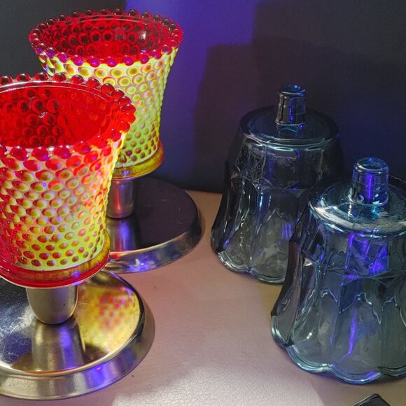 Candle Glass Red Hobnail Blue Tulip Scallop Peg Sconce Votive Holders Gold Base - Picture 1 of 11